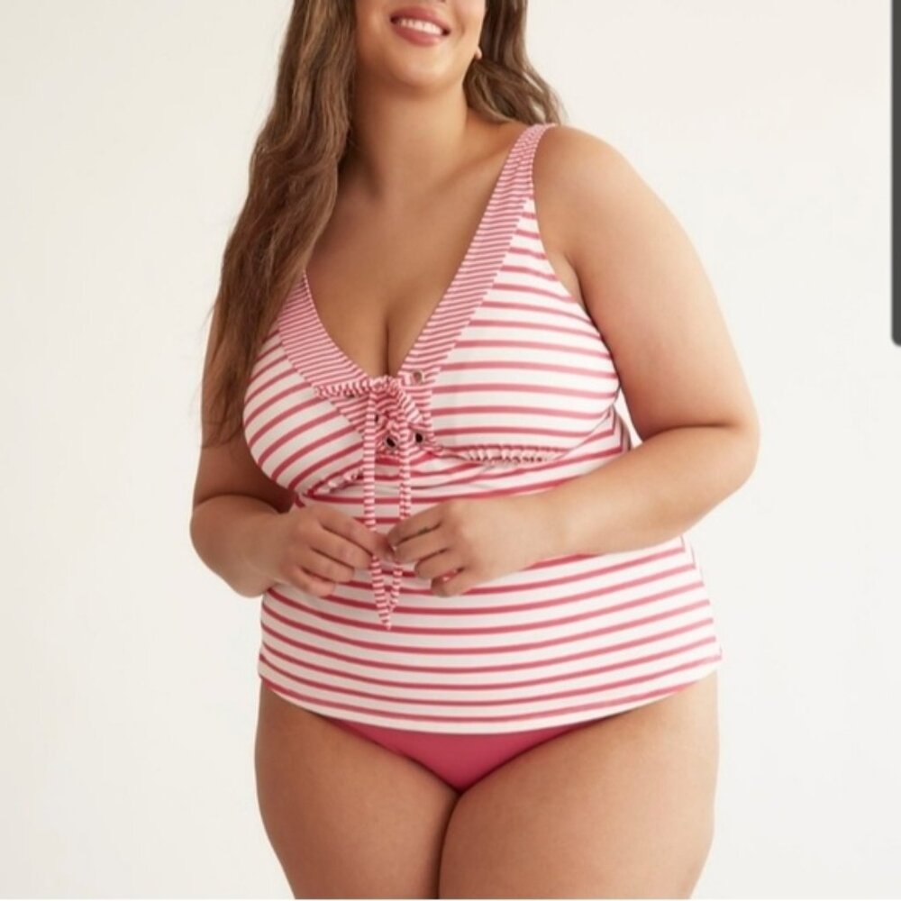 Penningtons Red Stripe V-Neck Lace-Up Tankini Top Nautical Swim Swimsuit Size 3X